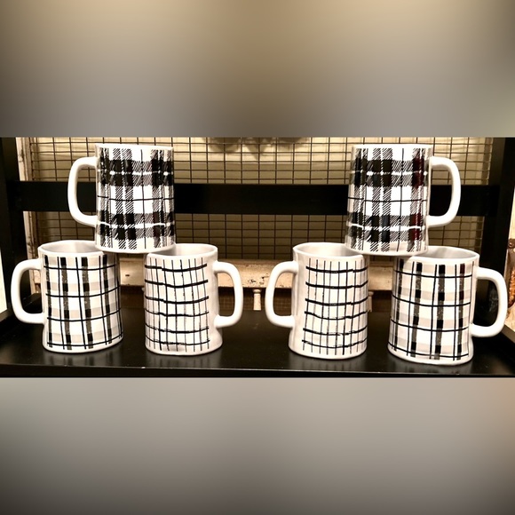 NEW Set of 6 Farmhouse Black & White Plaid Ceramic Coffee Tea Cups Mugs 12 oz - Picture 14 of 15